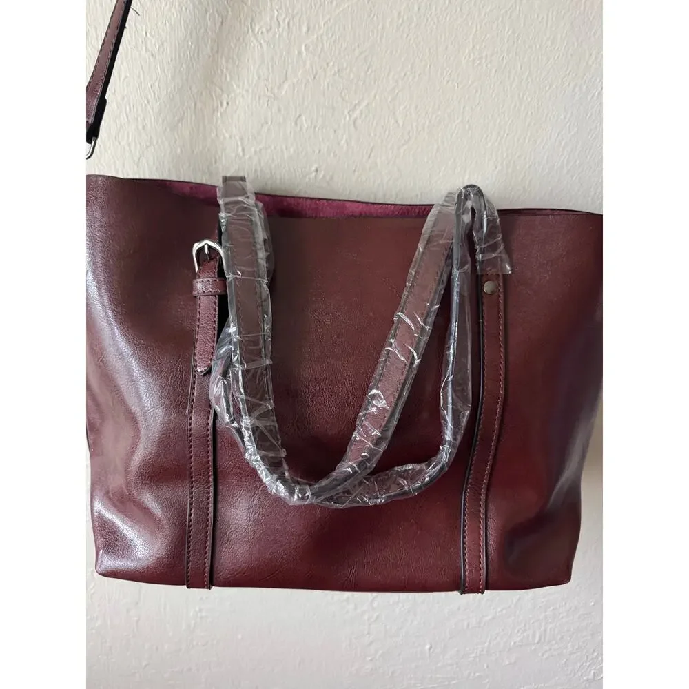 NWOT Elegant Faux Leather Tote with Removable Long Strap in Chocolate Brown